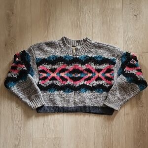 Free People Gray Sweater with Pink and Blue Pattern